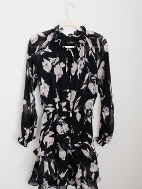 Lauren Ralph Lauren Black Floral Long Sleeve Dress with Lavender Blooms
